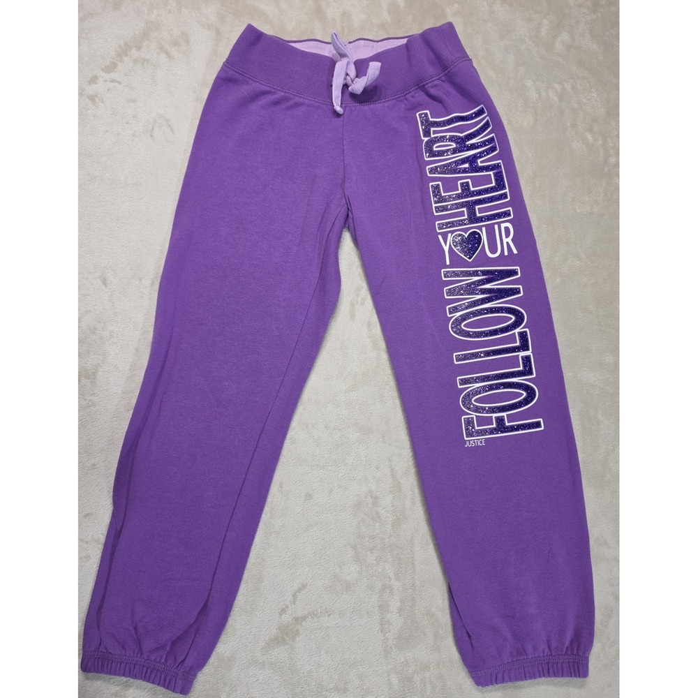 Justice Girls Purple Sweatpants Glitter Graphic "Follow Your Heart" Sz 8 Jogger